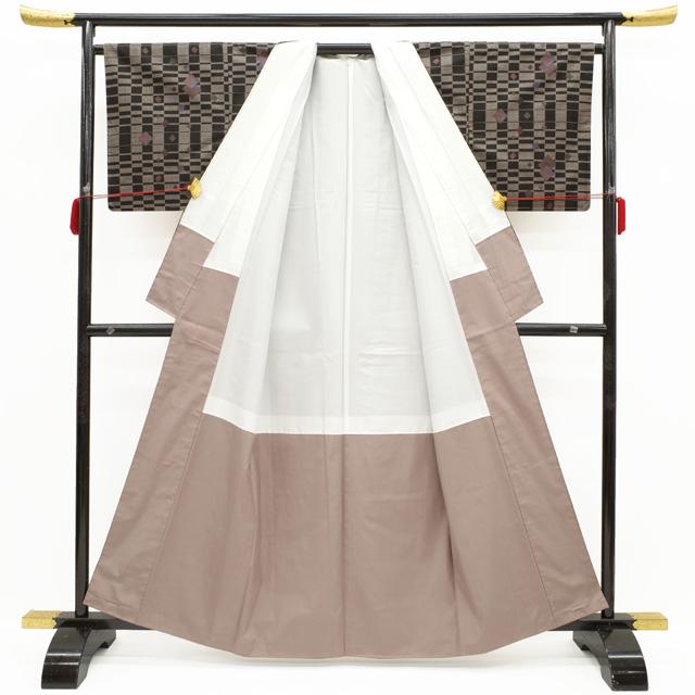 本場奄美大島紬 袷 着物 正絹 泥染 7マルキ 一元式 変わり市松 モダン