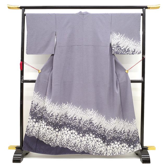 ぜんまい紬 訪問着 着物 未使用 正絹 染め柄 薄鼠 シルエット