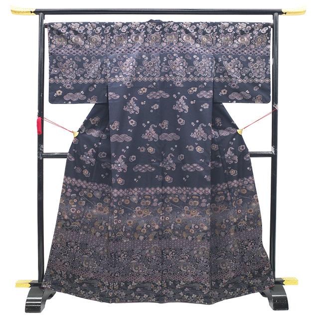 本場大島紬 訪問着 着物 未使用 正絹 染大島 濃グレー 紫 花