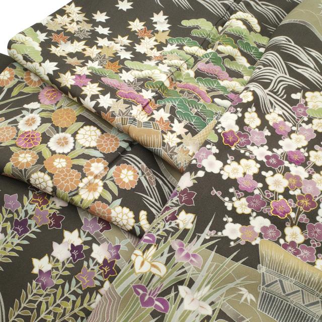 訪問着 着物 正絹 袷 藍海松茶 手染め 帝王紫 刺繍 茶屋辻 四季の花