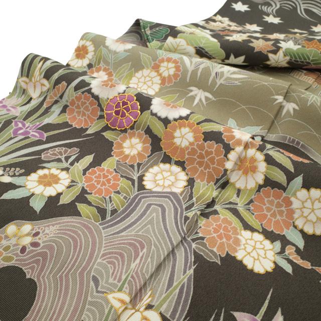 訪問着 着物 正絹 袷 藍海松茶 手染め 帝王紫 刺繍 茶屋辻 四季の花