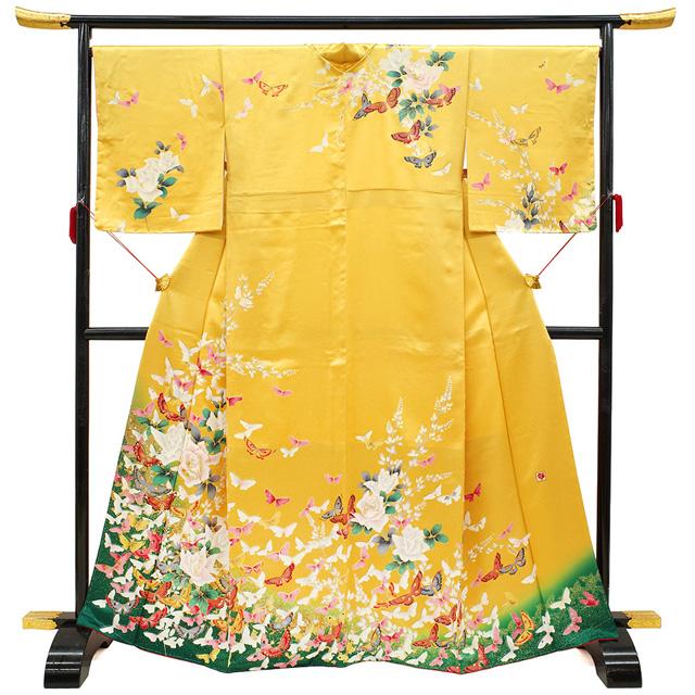 訪問着 着物 正絹 後藤久美子 手染め 山吹色 バラ 蝶 金駒刺繍 金銀彩