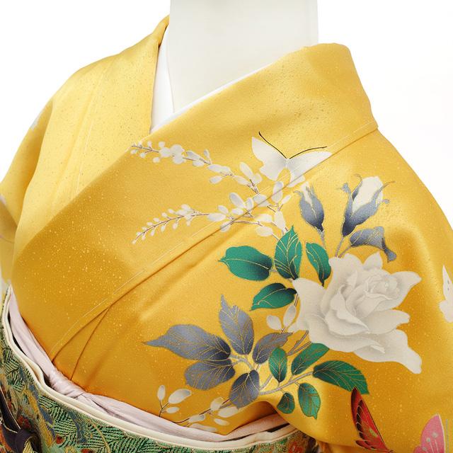 訪問着 着物 正絹 後藤久美子 手染め 山吹色 バラ 蝶 金駒刺繍 金銀彩