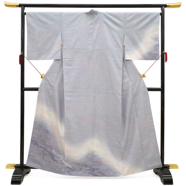 本場牛首紬 訪問着 着物 リサイクル 正絹 白山工房 藤色 霞ぼかし 中古