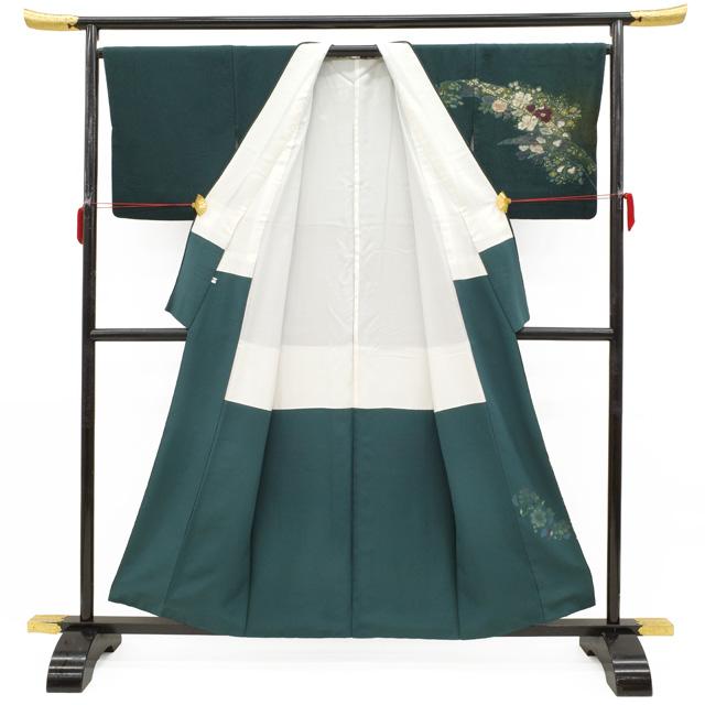 訪問着 着物 フォーマル 正絹 袷 吉野一廉 深緑 ぼかし 辻が花 絞り