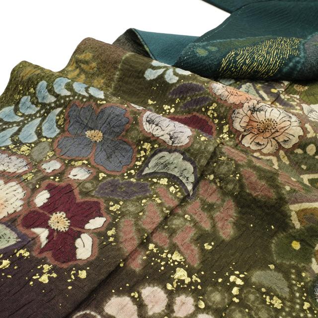 訪問着 着物 フォーマル 正絹 袷 吉野一廉 深緑 ぼかし 辻が花 絞り