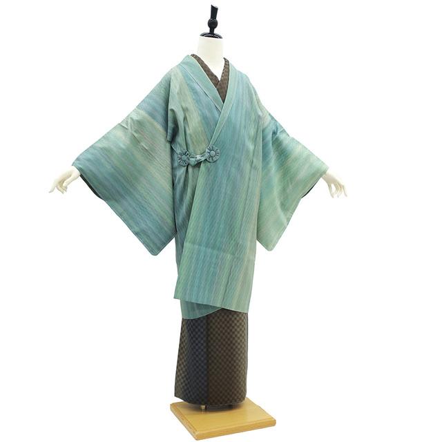道中着 コート 未使用 正絹 本場大島紬 縞大島 グリーン ぼかし 新古品
