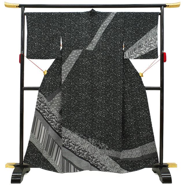 手染め 訪問着 着物 正絹 袷 たたき染め 黒 寄せ柄 春 秋 冬 未使用