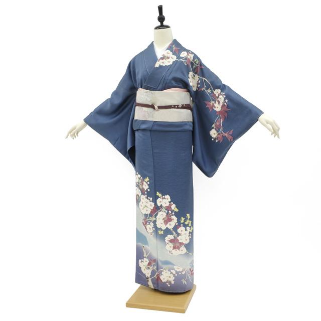 訪問着 着物 未使用 フォーマル 正絹 袷 手描き友禅 ブルーグレー 桜