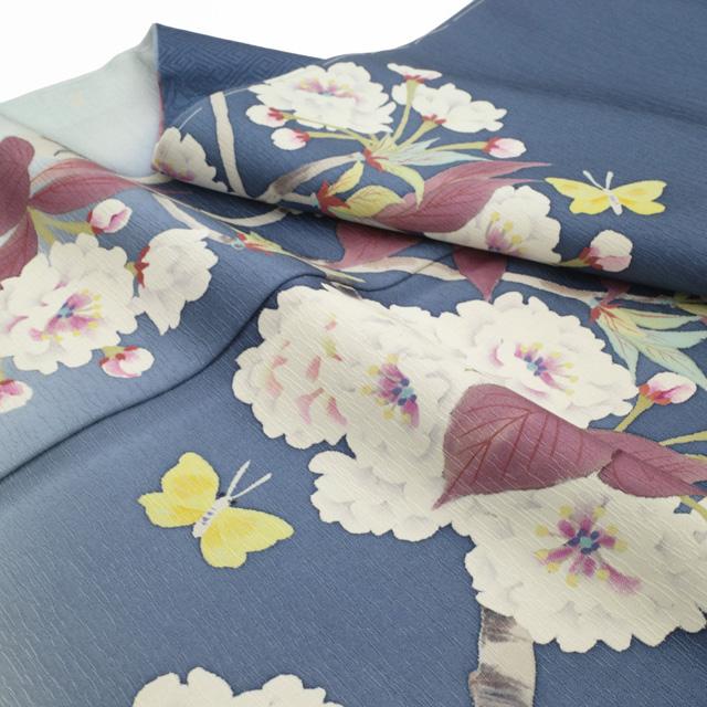 訪問着 着物 未使用 フォーマル 正絹 袷 手描き友禅 ブルーグレー 桜