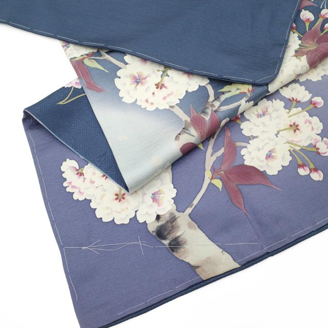 訪問着 着物 未使用 フォーマル 正絹 袷 手描き友禅 ブルーグレー 桜