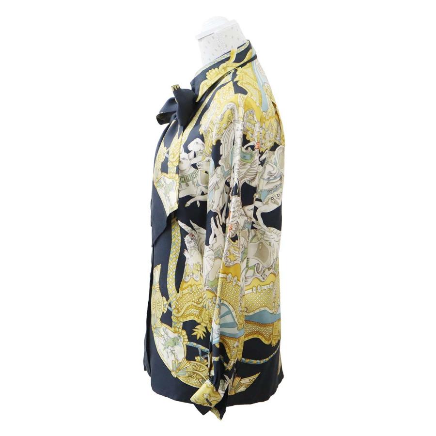 質屋 HERMES エルメス シルク100％ ブラウス シャツ ボウタイ付き 動物