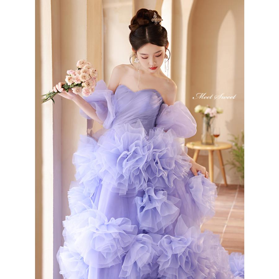 カラードレス 2way つけ袖 プリンセスライン パープル フリル ロング