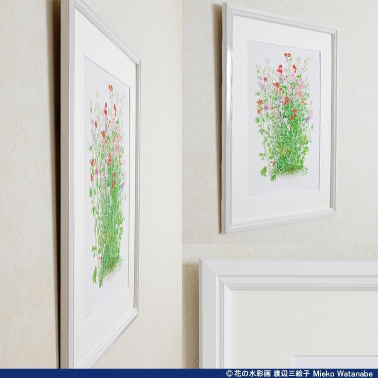 渡辺三絵子 花の水彩画 ジークレー版画(複製画)「スイトピー」額装M