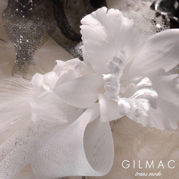 コサージュ カトレア 薔薇 フェザー 白レースリボン ブローチ 日本製