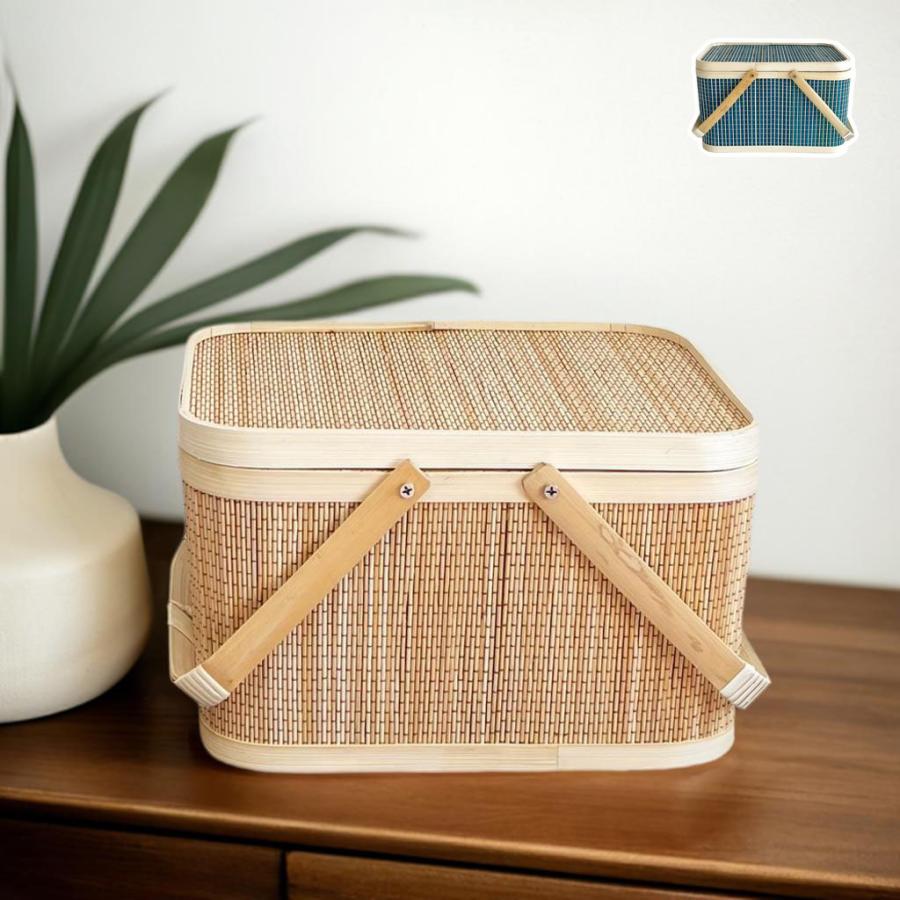 竹 かご ふた付き バスケット 四角 ピクニック ピクニックバスケット