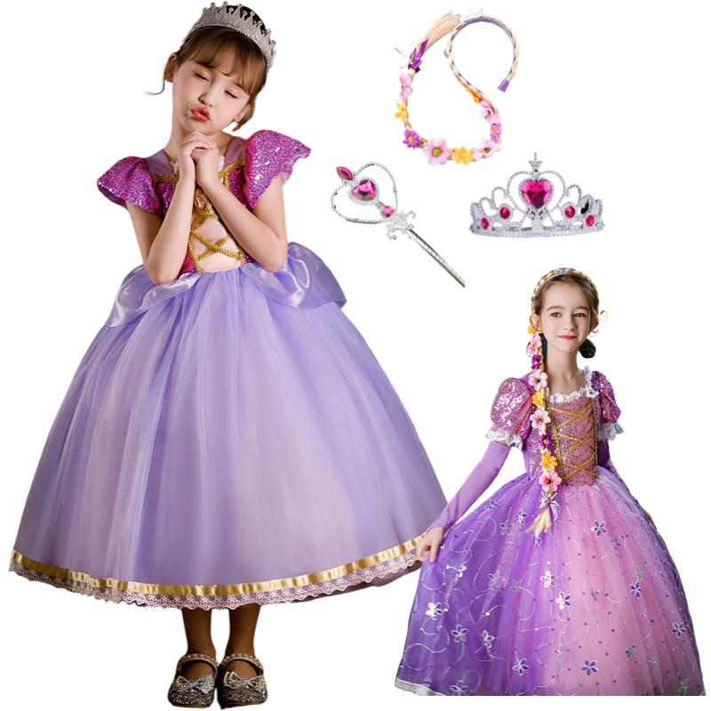 キッズ服 コスプレ ラプンツェル ドレス 4点セット 塔上 ティアラ