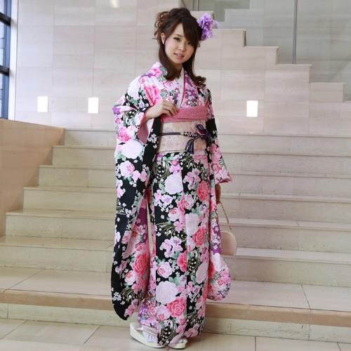 振袖 レンタル セット 20点フルセット 「黒 紫 バラ 桜 蝶 モダン」 2