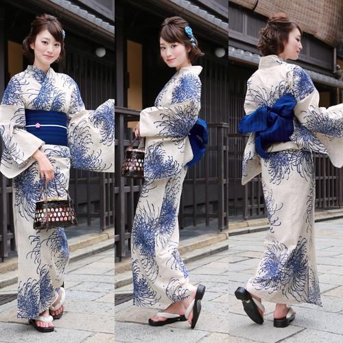 浴衣 レディース セット 古典柄 高級綿麻浴衣セット「生成り地に紺乱菊
