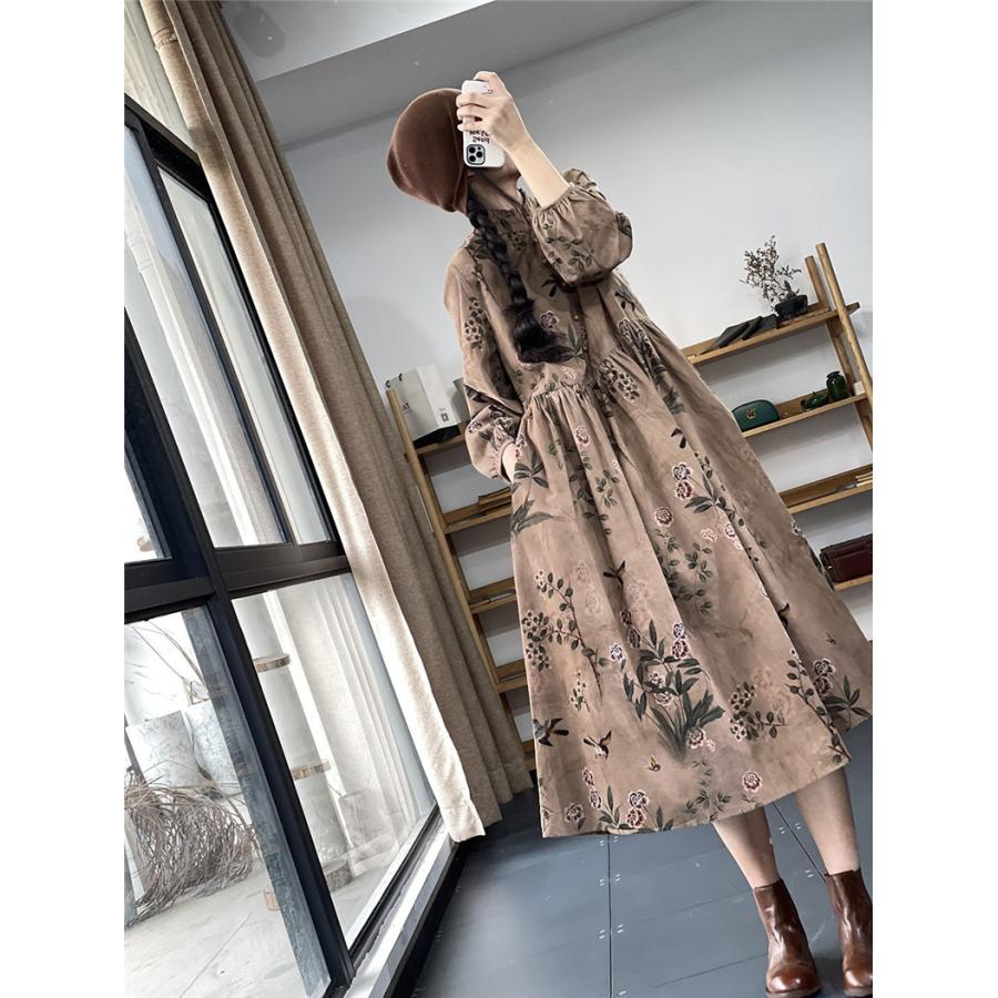 ワンピース レディース 春夏 綿麻シャツ ロング丈 花柄ワンピース 長袖