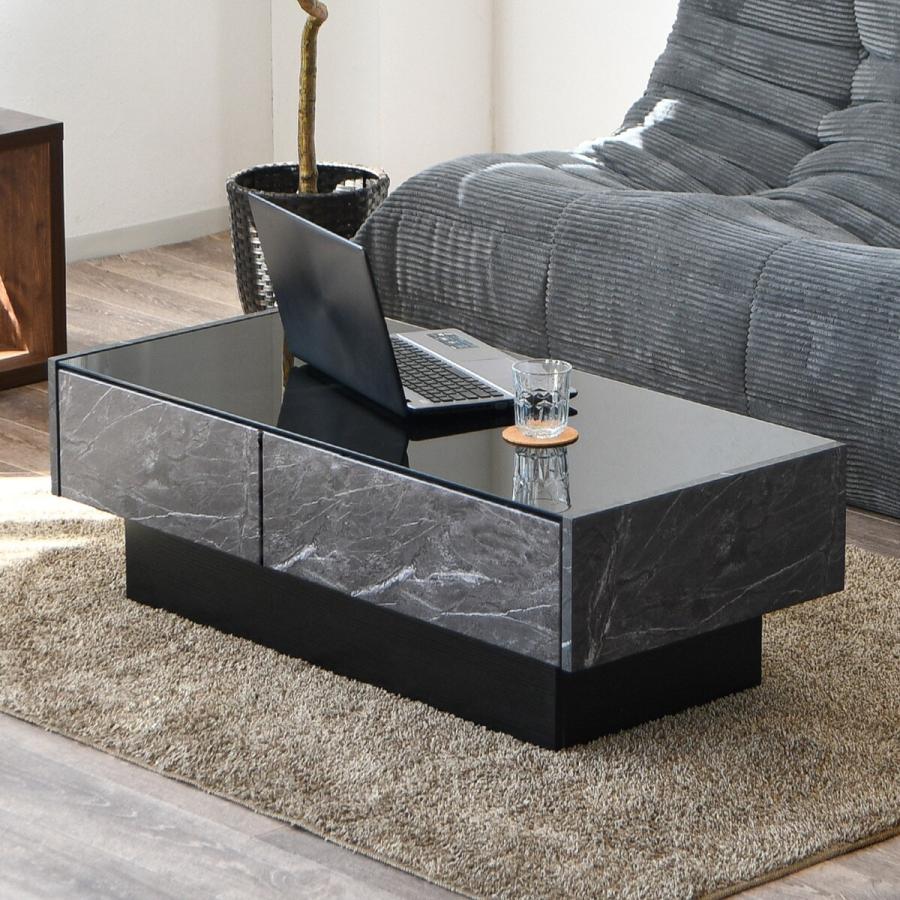 ニトリ（NITORI） ガラス天板センターテーブル 引出し付き (大理石柄