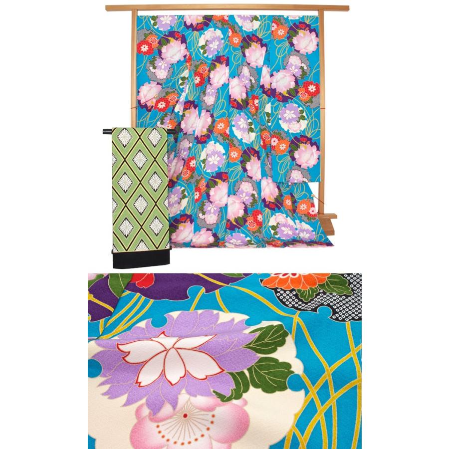 振袖 セット 未仕立て 仮絵羽 ターコイズブルー 雪輪 桜 梅 花 正絹