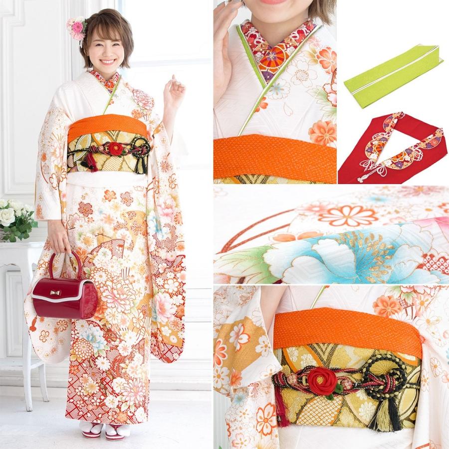 振袖セット 白系 桜 梅 菊 扇子 房紐 雪輪 絵羽柄 正絹 西陣織 パール