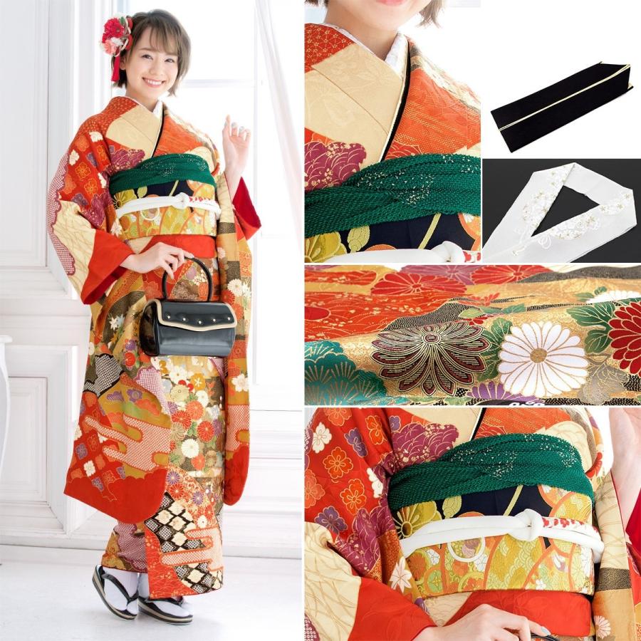 振袖セット 赤系 菊 桜 花菱 雲取り 橘 松 絵羽柄 絹 西陣織 パール