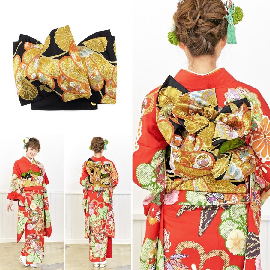 振袖セット 赤系 金色 桜 梅 花 鹿の子 松 絵羽柄 正絹 西陣織 パール