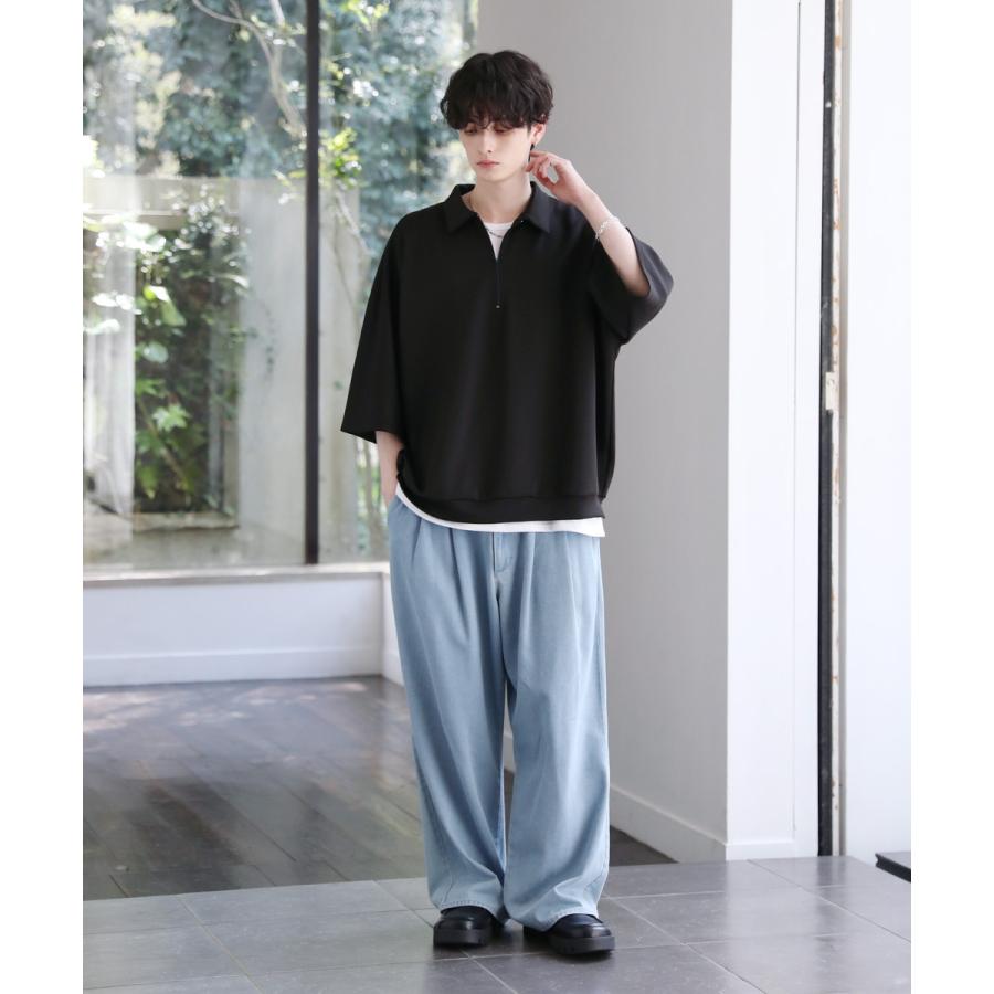 メンズ 襟付き ハーフジップ 半袖 ポンチ ドルマン プルオーバー S M L