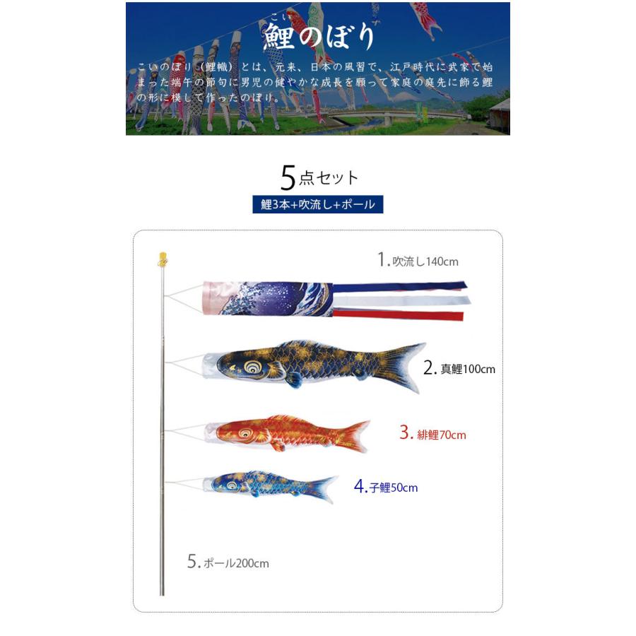 鯉のぼり こいのぼり 金箔鯉 1m 5点セット 真鯉 緋鯉 子鯉 ポール付き