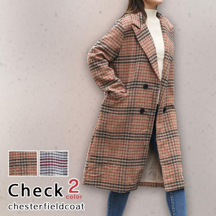 チェスターコート レディース ロング ツイード オーバー チェック