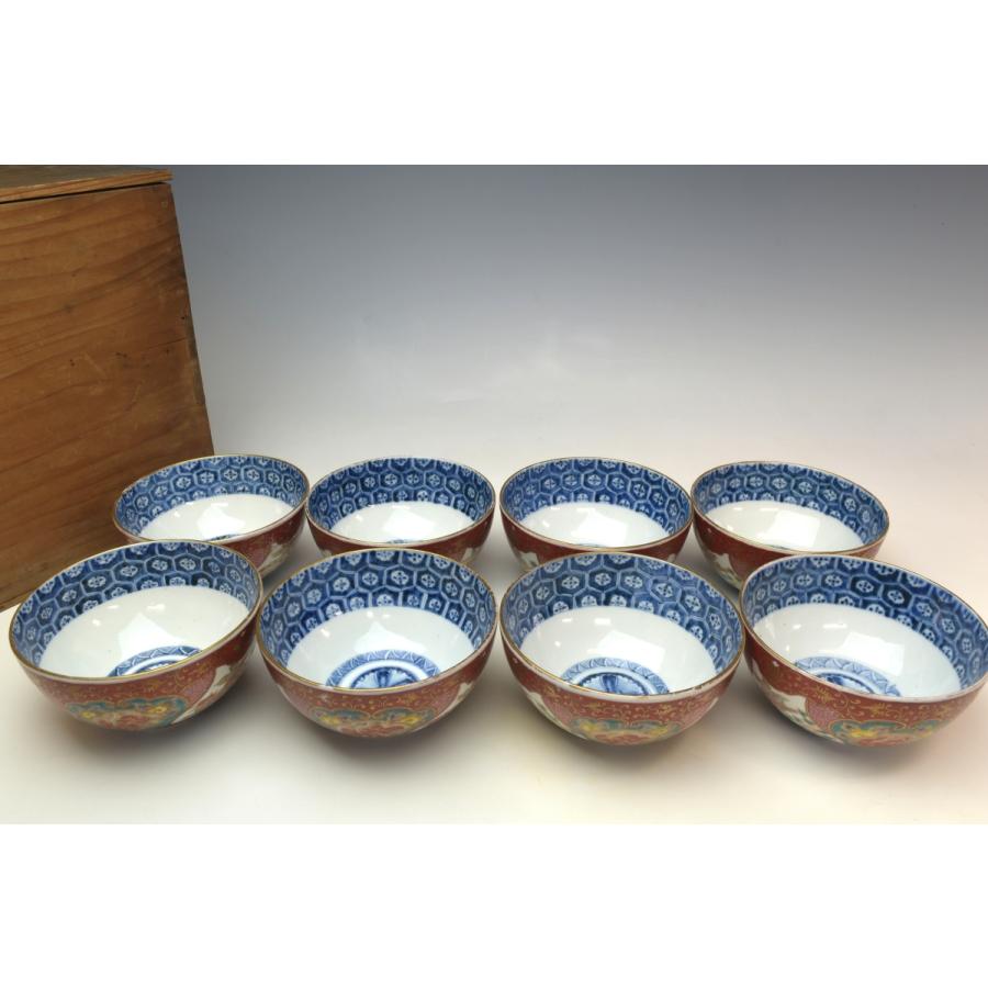 趣楽】 明治時代 古伊万里細密絵付け蓋茶碗 八客 高級和食器 本物保証