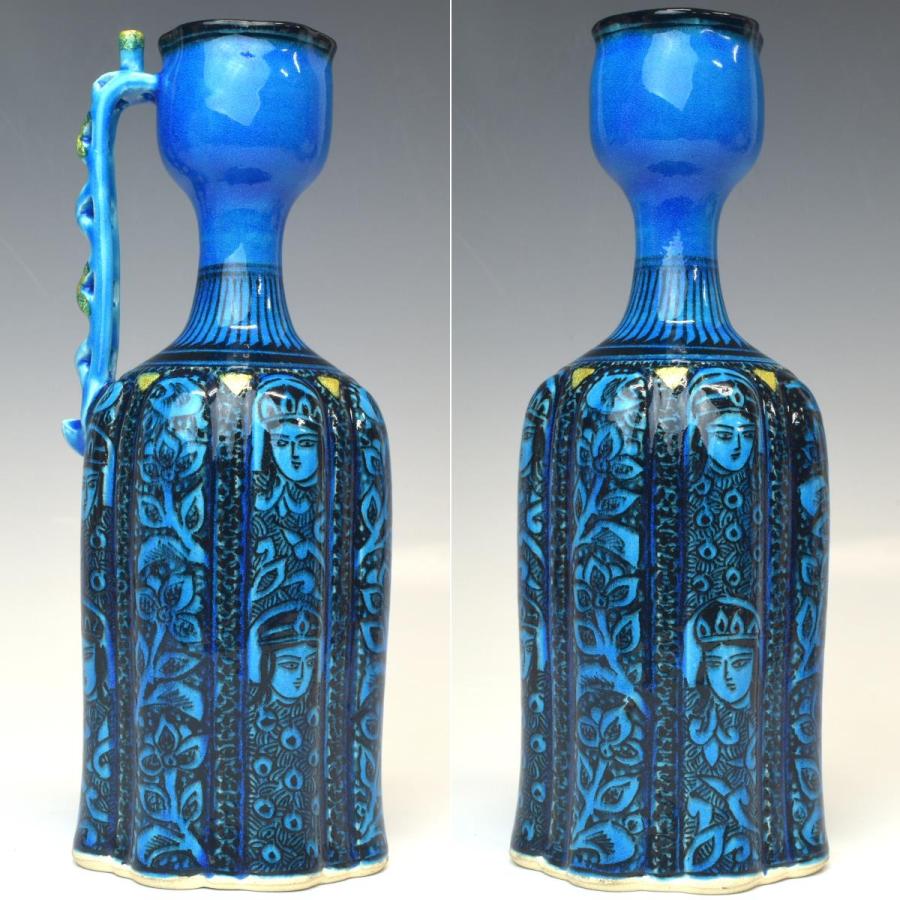 趣楽】 希少 人間国宝 【加藤卓男】作 『青釉胡姫文手付花入』 高さ