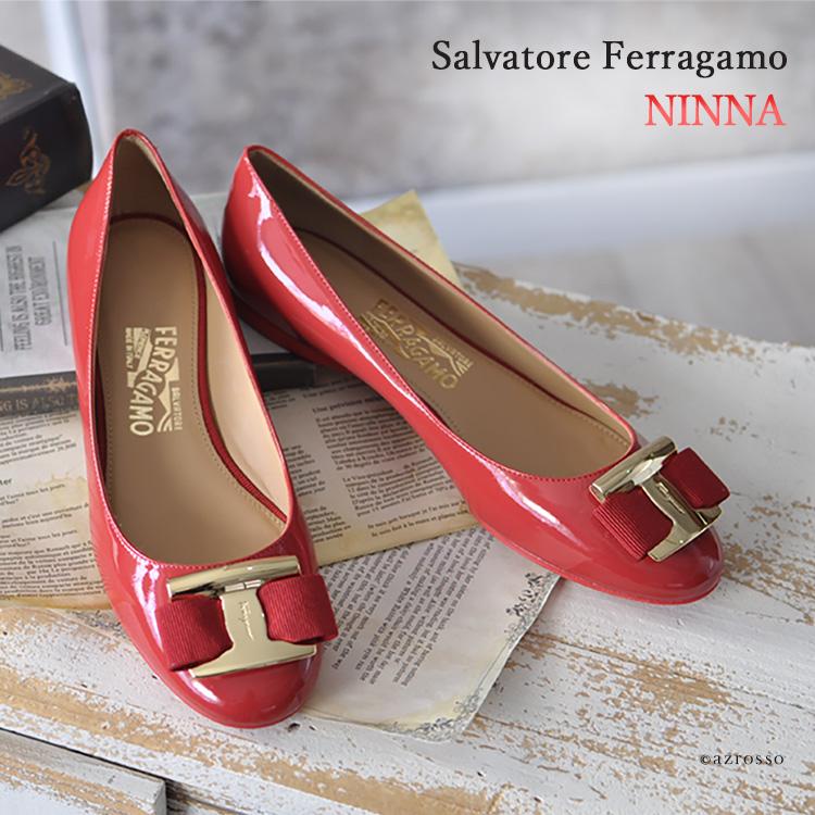 FERRAGAMO（フェラガモ） エナメル レッド パンプス リボン 25.5cm