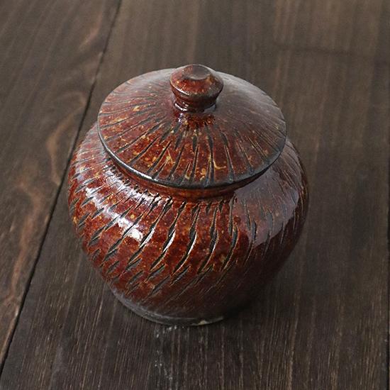 壺 一合 蓋付き 飛鉋 茶 あめ色 坂本工窯 小鹿田焼 陶器 漬物 梅干し