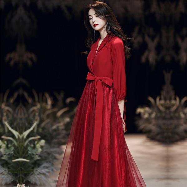 ロングドレス ワンピース 赤 レディース ドレス 長袖 大人 ピアノ 発表