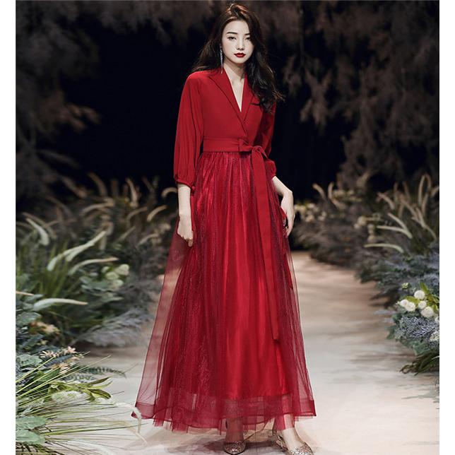 ロングドレス ワンピース 赤 レッド レディース ドレス 長袖 大人