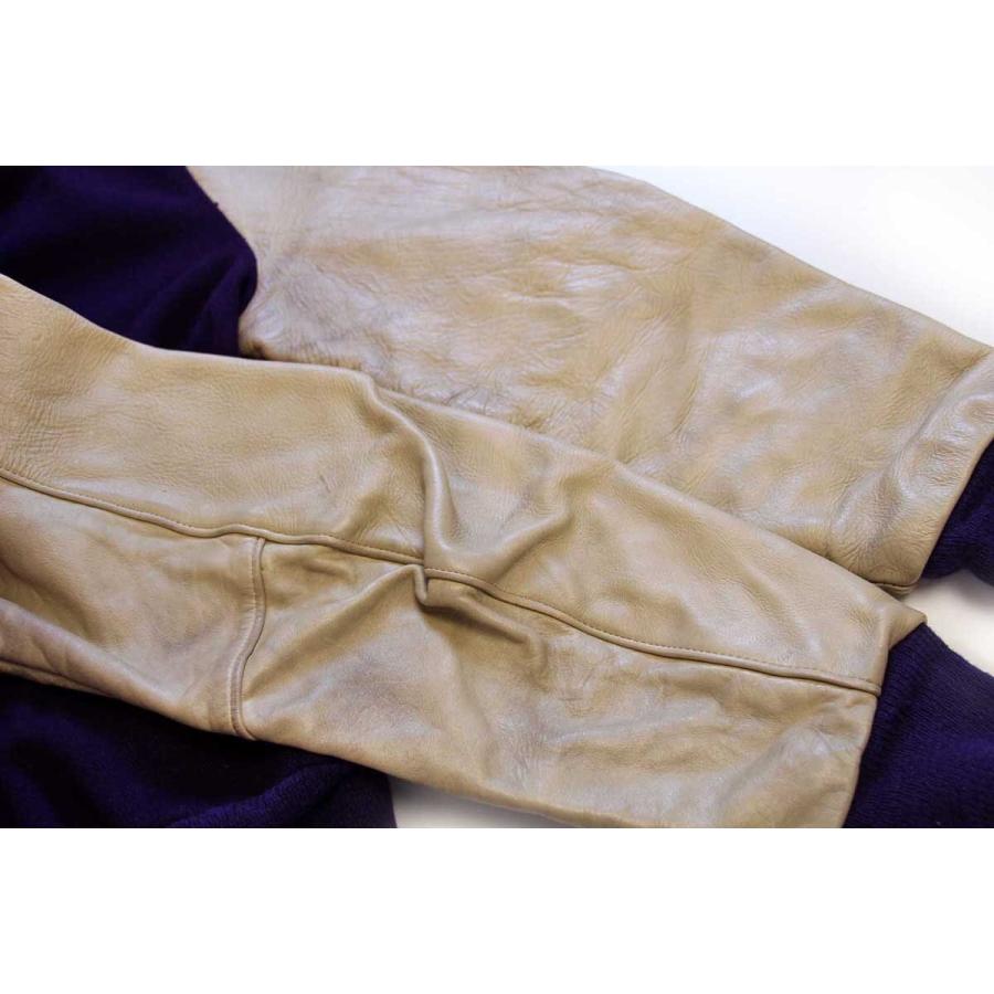 70s DeLONGデロング メルトン ウール 袖革スタジャン 紫×ベージュ 44L