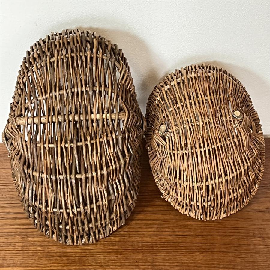 ヴィンテージ 昭和レトロ ハンドメイド 籐編籠 手つきカゴ 大小セット