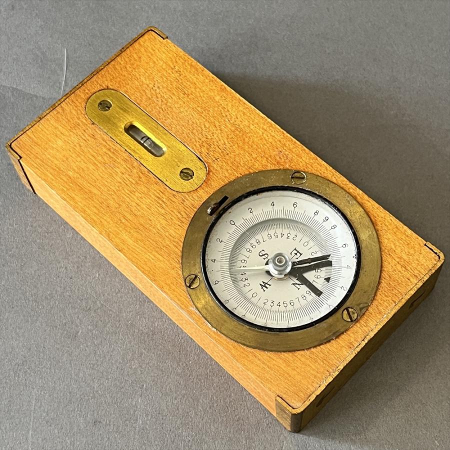 ヴィンテージ 昭和レトロ 木製 水平器付き方位磁石 コンパス レザー
