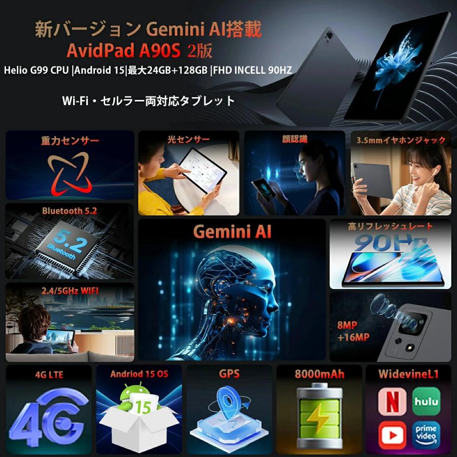 android 15 Avidpad A90S AI版 Helio G99 タブレット 90Hz 11インチ