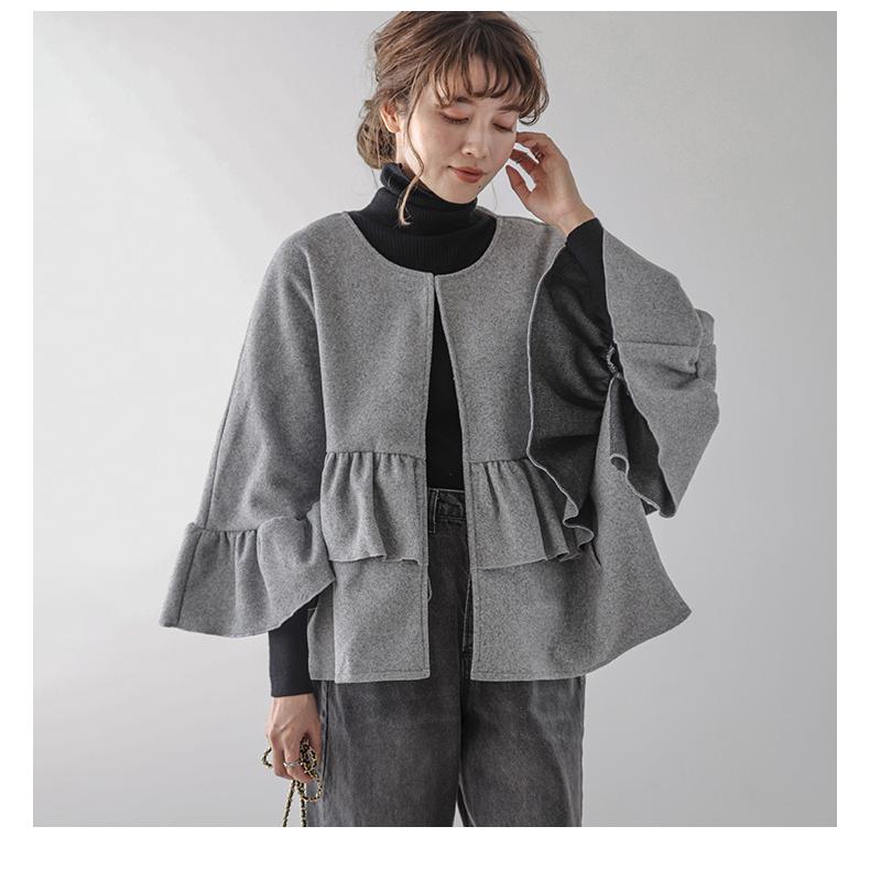 き：フリルコート ノーカラー ウール アウター レディース【lsot305