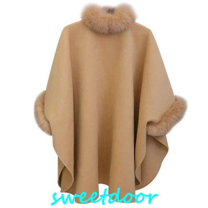 フォックスファー付 ポンチョ コート ケープコート レディース マント