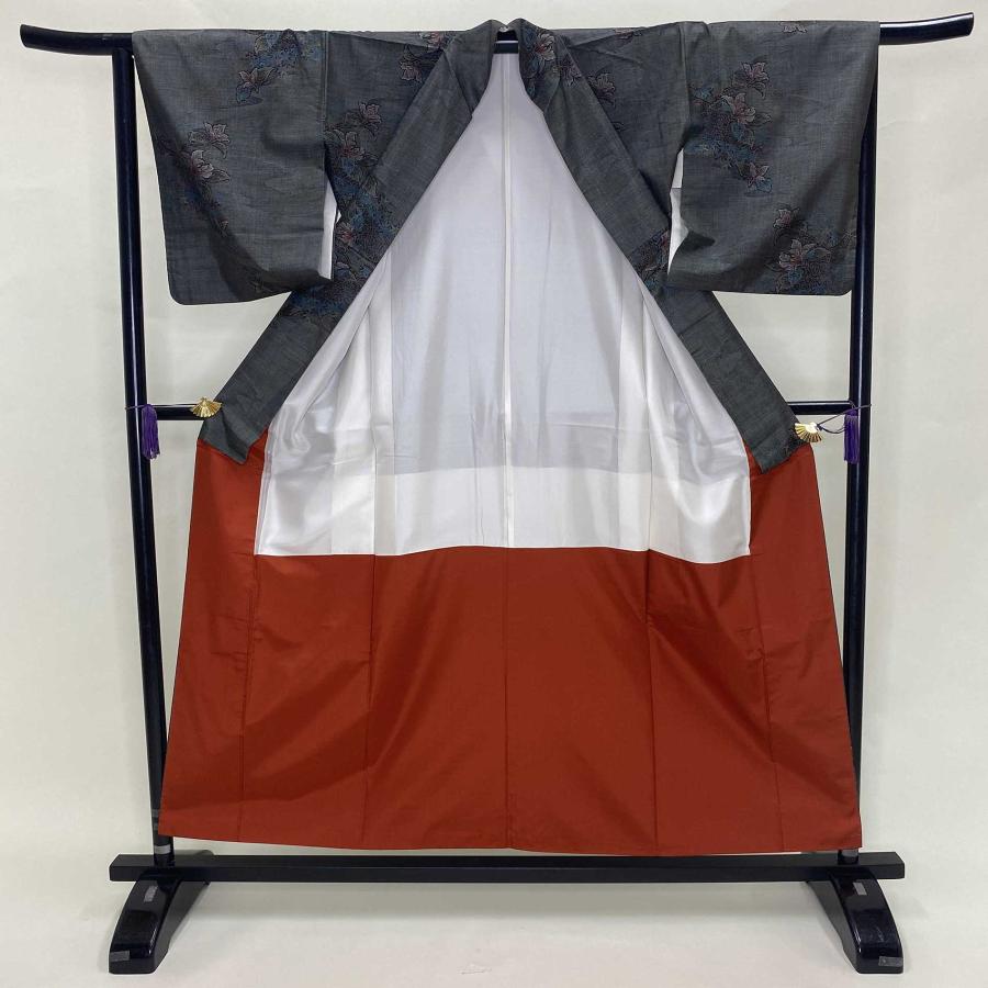 大島紬 紬 十字絣 9マルキ カジュアル柄 花柄 黒 グレー お洒落着