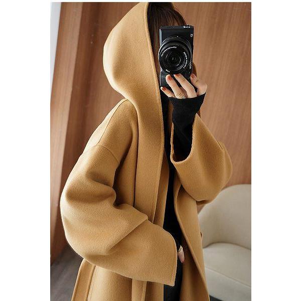 上品ロングコート フード付き ウール リバーコート ダブルフェイス