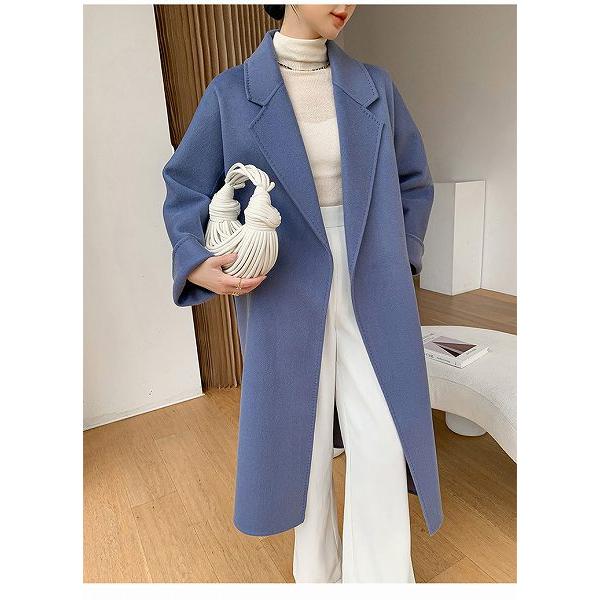 上品ロングコート ウール100% リバーコート スカイブルー ダブル