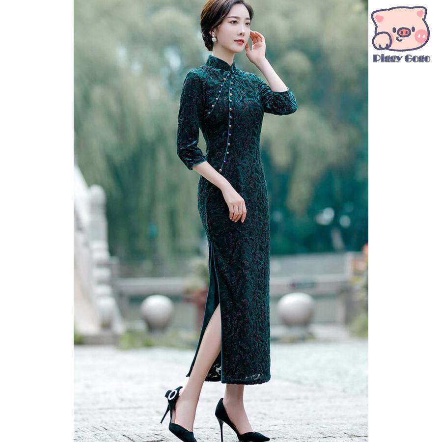 チャイナドレス ロング丈 チャイナ服 7分袖 柄 秋 ドレスワンピース