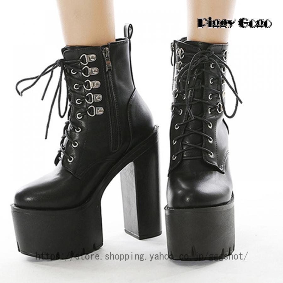 15CM 厚底 ショートブーツ 太ヒール 編み上げブーツ レースアップ 袴