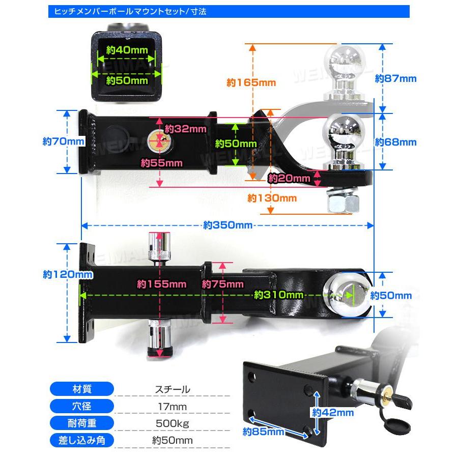 トレーラー 牽引 ヒッチメンバー ボールマウントセット 盗難防止鍵付
